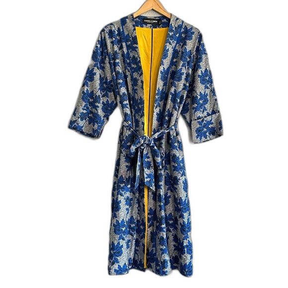 Gabrielle Union NY&Co Kimono Jacket Tie Waist Grey Blue Floral Open Front Medium - Picture 1 of 6